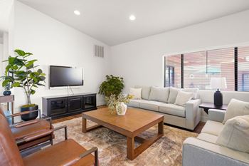 A living room with a brown leather chair and a wooden coffee table.